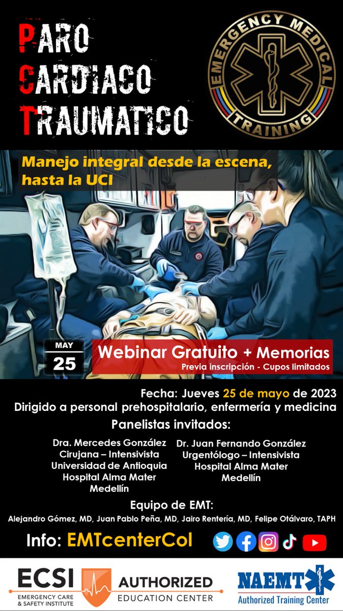 EMTCenterCol's tweet photo. En vista de diferentes eventos recientes con pacientes politraumatizados que entran en paro, en @emtcentercol creemos que es importante revisar el tema para impactar positivamente en la comunidad

🆓 Webinar: Paro Cardíaco Traumático - Manejo Integral desde la escena hasta la UCI https://t.co/pac5jw6Z3H