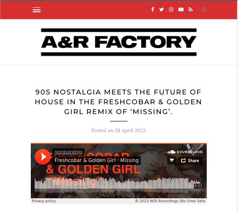 We'd like to thank all the press that helped push @freshcobarmusic and Golden Girl's 'Missing!'

@Musicis4Lovers @edmnomad @findyoursounds @anrfactory and @exron_music! 

#musicreview #nosrecordings #HouseMusicAllLifeLong