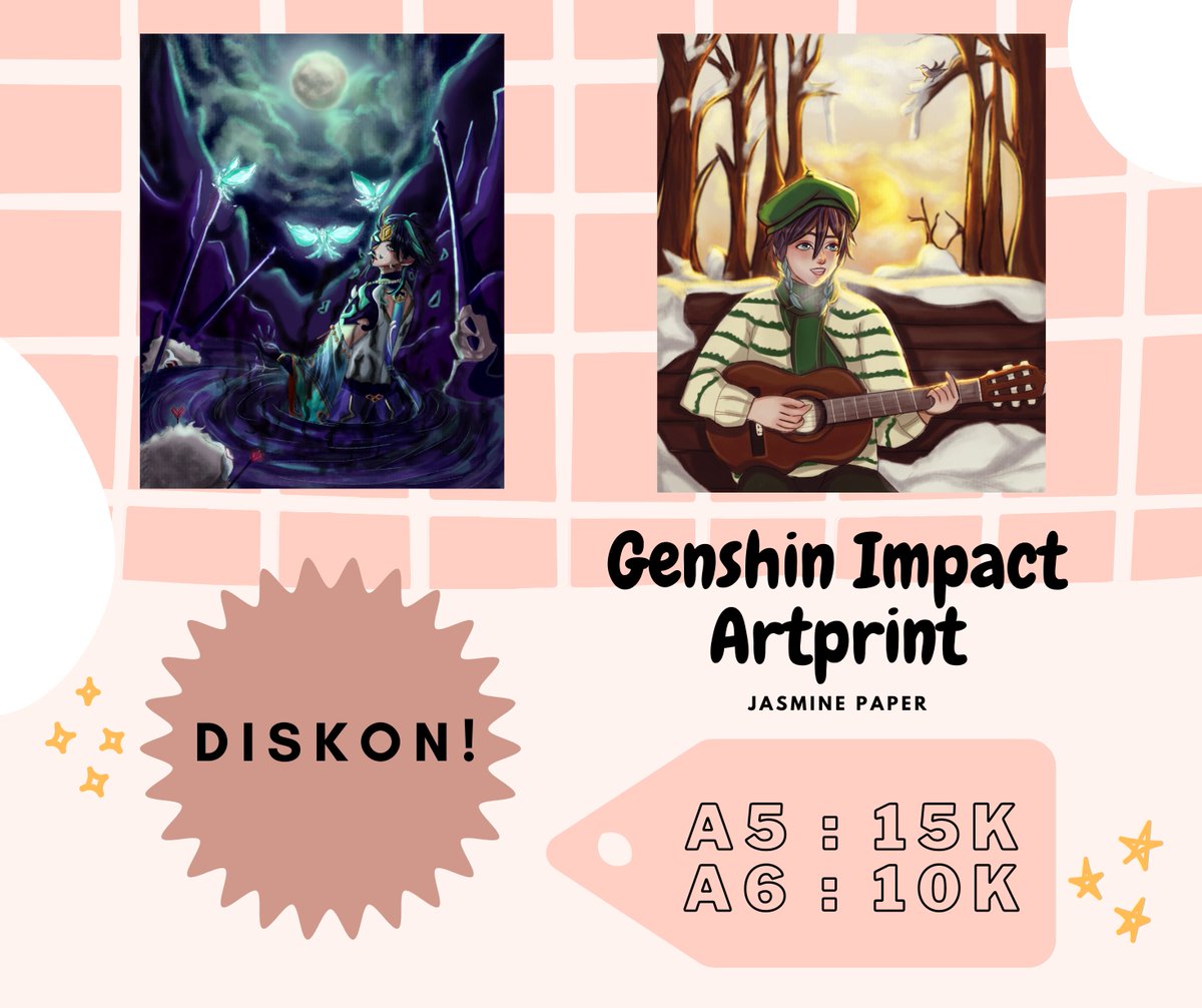 DimsumHalu's tweet photo. Artprint husbando Genshin Impact ini bisa kamu dapetin versi A5 dan A6. Ada diskon khusus untuk artprint Xiao sama Venti nih.

Yuk langsung DM aja buat booking. Stoknya terbatas banget ya >o<
#comifuro16 #comifuro16catalog #CF16 #GenshinImpact #artprint https://t.co/3wSaB9bhH6