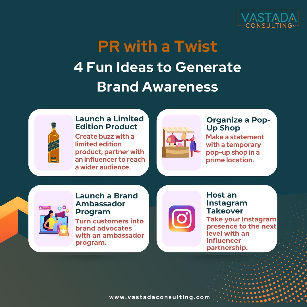 vastadaC's tweet photo. Try these four fun #PR ideas to generate buzz and create a lasting impression for your business👉

1. Launch a limited edition product 🎉👀
2. Organize a pop-up shop👕🎁
3. Launch a brand ambassador program🤝📣
4. Instagram takeover 📸👑

Which one will you try first? 🚀 https://t.co/Gh50bv0yk8