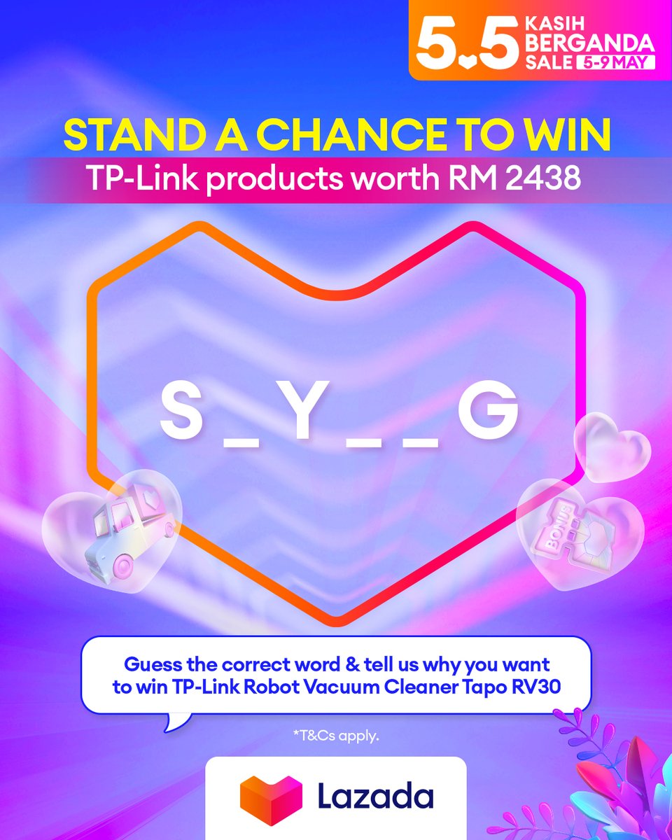 LazadaMY's tweet photo. 💙Giveaway alert! 💙
Win TP link products worth up to RM2400!😍
1. Guess the correct word &amp; tell us why you want to win the prizes ✨
2. Retweet, like &amp; add #LazadaMY #Lazada55KasihBerganda
3. Tag 2 friends

Join now, from 3-7 May! 
T&amp;C’s apply: https://t.co/WZqiG7VcFQ https://t.co/poJZDSY0Xv
