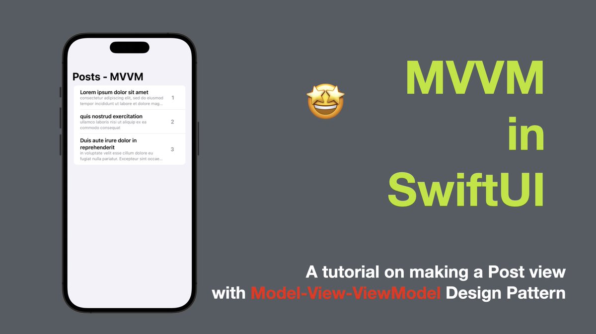 xavier7t's tweet photo. MVVM in SwiftUI. A tutorial on making a Post view with Model-View-ViewModel Design Pattern.

https://t.co/89SgcwoWVb

#iOS #Swift #SwiftUI #MVVM #iosdevx @hashnode #blog https://t.co/j6rCtLKxwU
