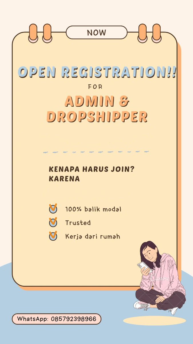 lleemarkeeu's tweet photo. LOWONGAN KERJA📍
Posisi Admin &amp; Dropshipper
• Trusted
• 100% amanah
• Kerja dari rumah
• Bisa untuk semua kalangan
#zonauang #zonajajan #bisnis https://t.co/UEWFU7rPnT