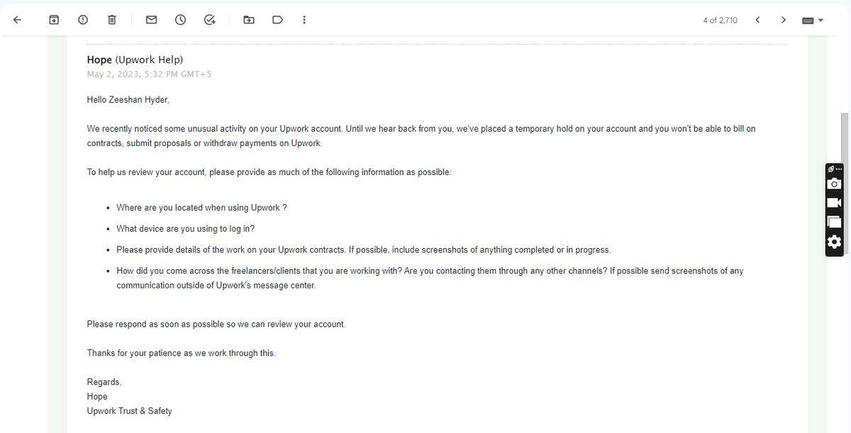 LegitDrops's tweet photo. Today, i am posting this because @Upwork has suspended my account without any reason.
They sent me email yesterday to send the details, because they saw something unusual activity on my account but there wasnot any.
I am attaching all chat screenshots:
@Upwork @UpworkHelp https://t.co/bqYaK2I8ki