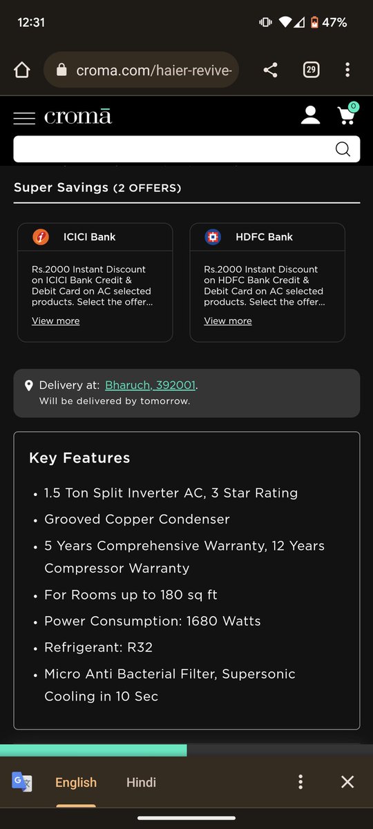 Patel6Harsh's tweet photo. as per haier technician 1.5 ton inverter 5in1 convertible AC is compatible for 12*12 Sq ft. and in same model the Croma Website description describes 180 Sq ft.
who is right?
@IndiaHaier @cromaretail https://t.co/J5bkF5J21m