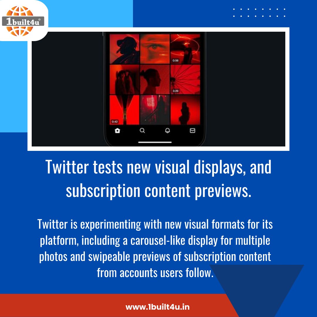 1built4u's tweet photo. Twitter tests new visual displays, and subscription content previews.

#1built4u 
#TwitterUpdate 
#VisualFormats 
#SubscriptionContent #SocialMediaNews
#DigitalMarketing #SocialMediaMarketing #ContentCreators
#TwitterExperiment 
#UserExperience https://t.co/0UM90GWQRc