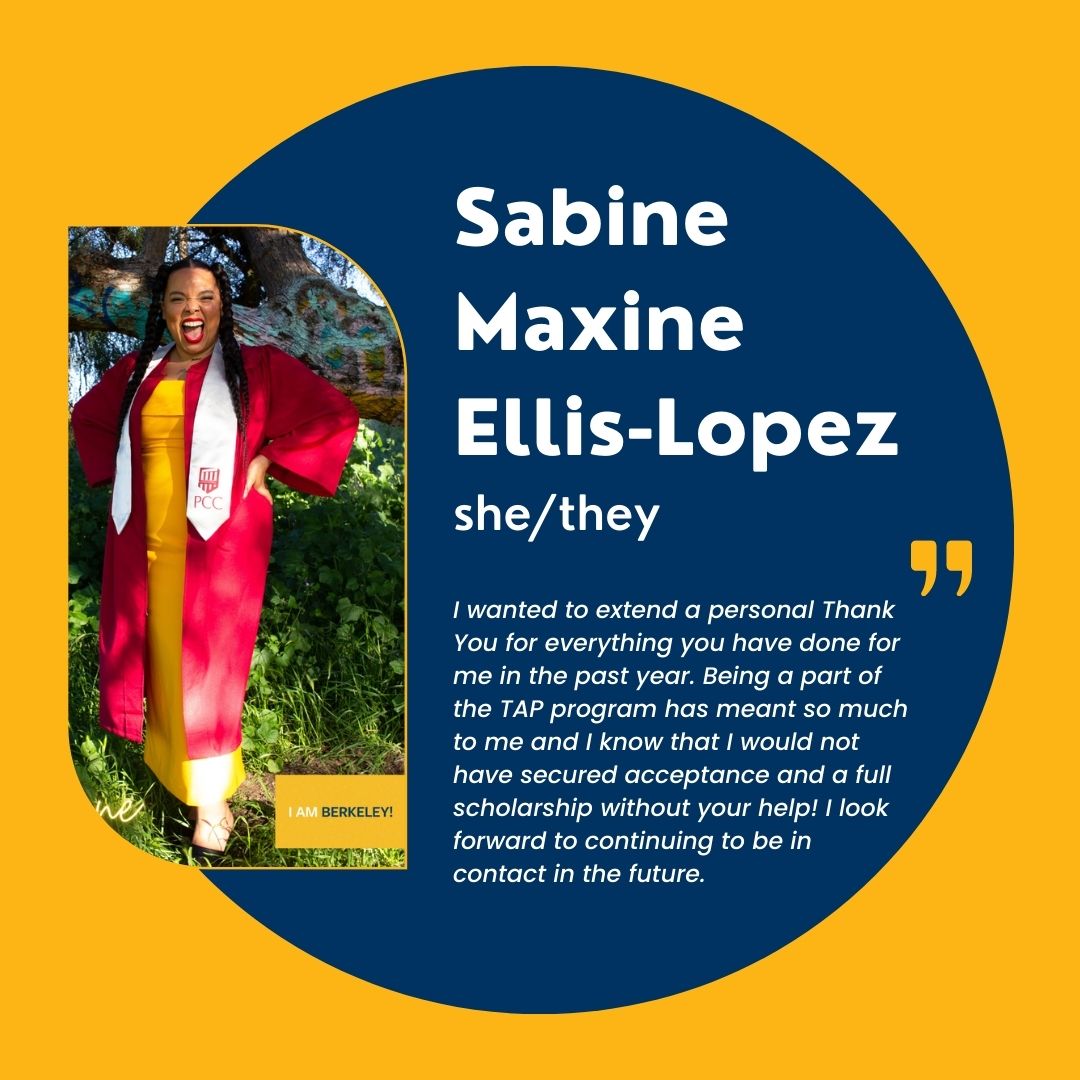 BerkeleyCCTS's tweet photo. We want to congratulate our newly admitted Golden Bear, Sabine! She has been accepted to Berkeley on a full scholarship!! The TAP program is proud to have supported her, with the support of our advisors Zefora &amp; Aileen! Thank you for your kind words and Welcome to Cal! 💙🐻💛 https://t.co/hj9SqoO7Tu