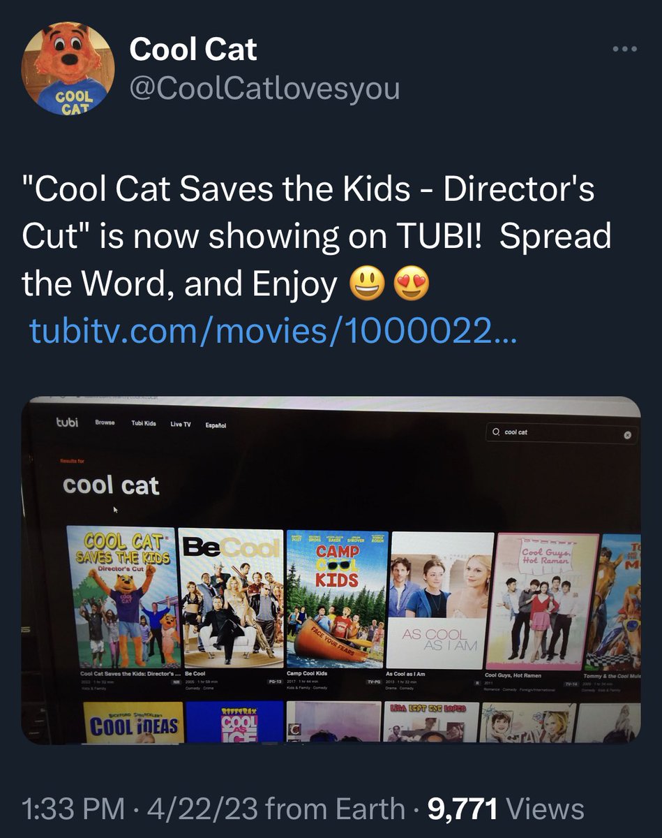 BadCoolCat's tweet photo. Cool Cat is now streaming on Tubitv. Except it’s the “directors cut”, which is ugly dubbed with Daddy Derek trying to do the role instead of leaving it alone. #BadCoolCat #NotMyCoolCat https://t.co/uecF5EhDX7