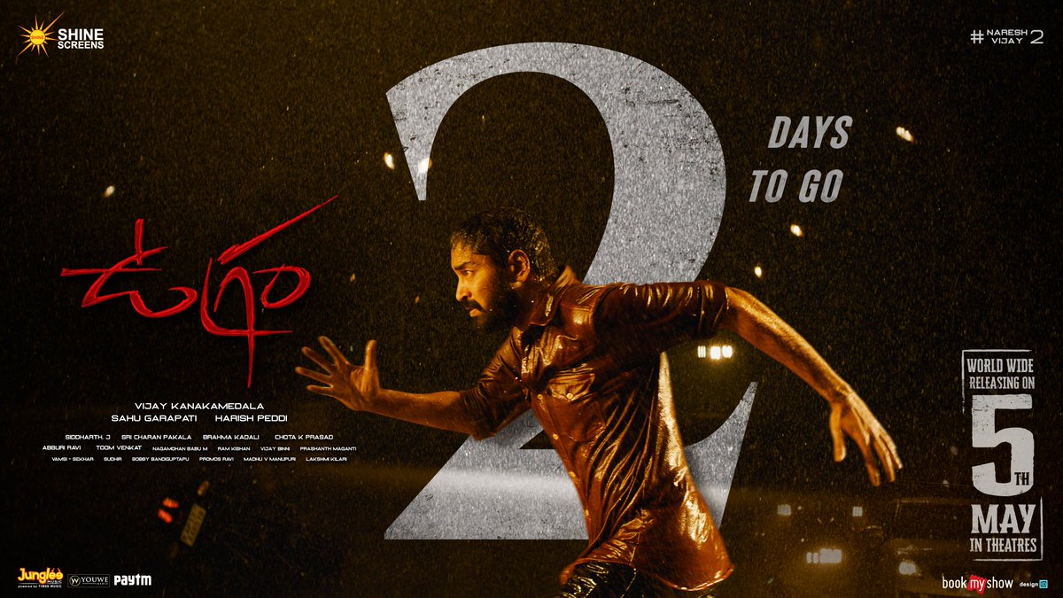An intense Action Thriller unveils on the Big Screens in 2 days 🔥 

#Ugram Grand release on May 5th 💥

Book your tickets now!
- linktr.ee/UgramTickets

#UgramOnMAY5th
<a href="/allarinaresh/">Allari Naresh</a> <a href="/mirnaaofficial/">Mirnaa</a> <a href="/DirVijayK/">Vijay Kanakamedala</a> <a href="/sahugarapati7/">Sahu Garapati</a> <a href="/harish_peddi/">Harish Peddi</a> <a href="/SricharanPakala/">Sricharan Pakala</a>