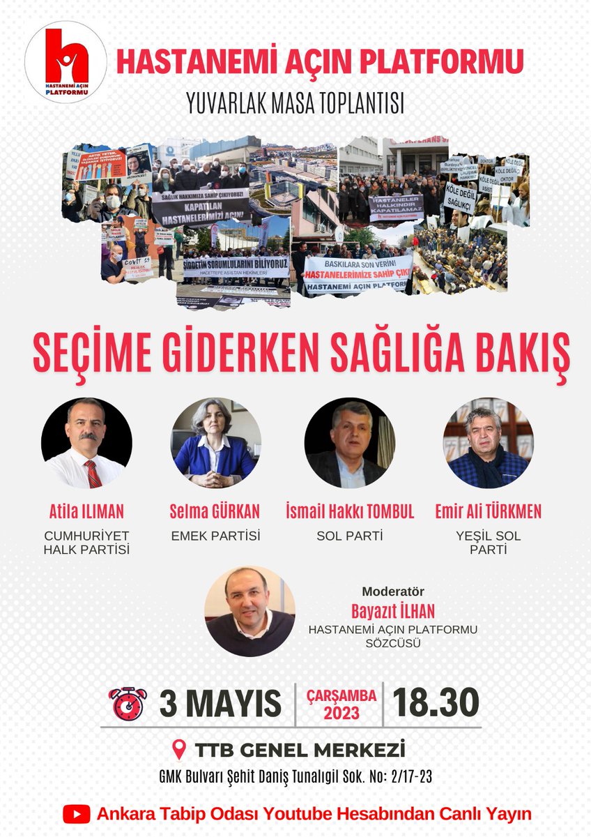ses_ankara's tweet photo. Hastanemi Açın Platformu

Seçime giderken sağlığa bakış 

📅3 Mayıs Çarşamba
🕙18.30
📍TTB genel merkez https://t.co/USi44j9dC2