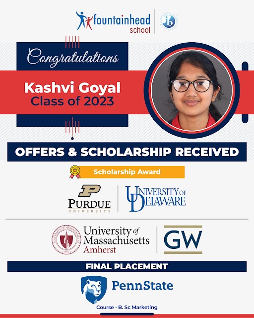 FSSurat's tweet photo. We're happy to announce that Kashvi Goyal from the Class of 2023 has received offers from five universities and scholarships from two. She will soon be joining Penn State University. We wish her all the best! #Universityscholarshi #Fountainheadschool #FSLife @iborganization https://t.co/e7gC6Vy6pN
