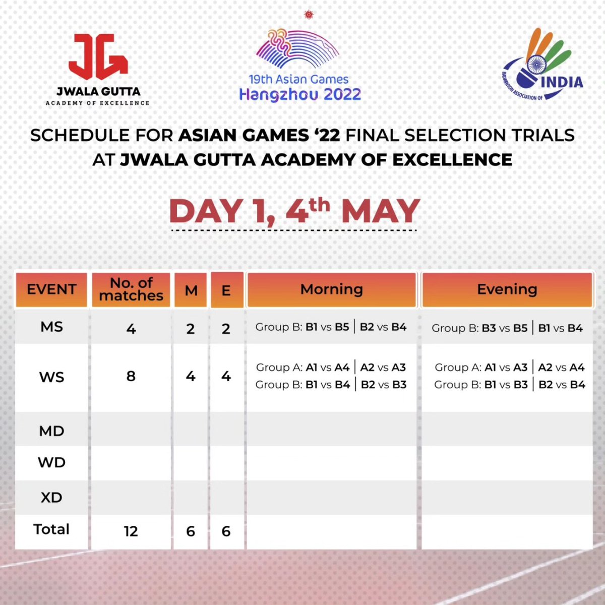JwalaGuttaAcad's tweet photo. Check out the latest schedule for the Asian Games '22 being held at Jwala Gutta Academy๐ธ.
Keep an eye out for more exciting updates!
For any enquiries, reach us at: +91 8886166211.
#JwalaGuttaAcademyOfExcellence #AsianGames2022 #TeamIndia #IndianBadminton #BAI #JGAE. https://t.co/cOUuKZQ9qA
