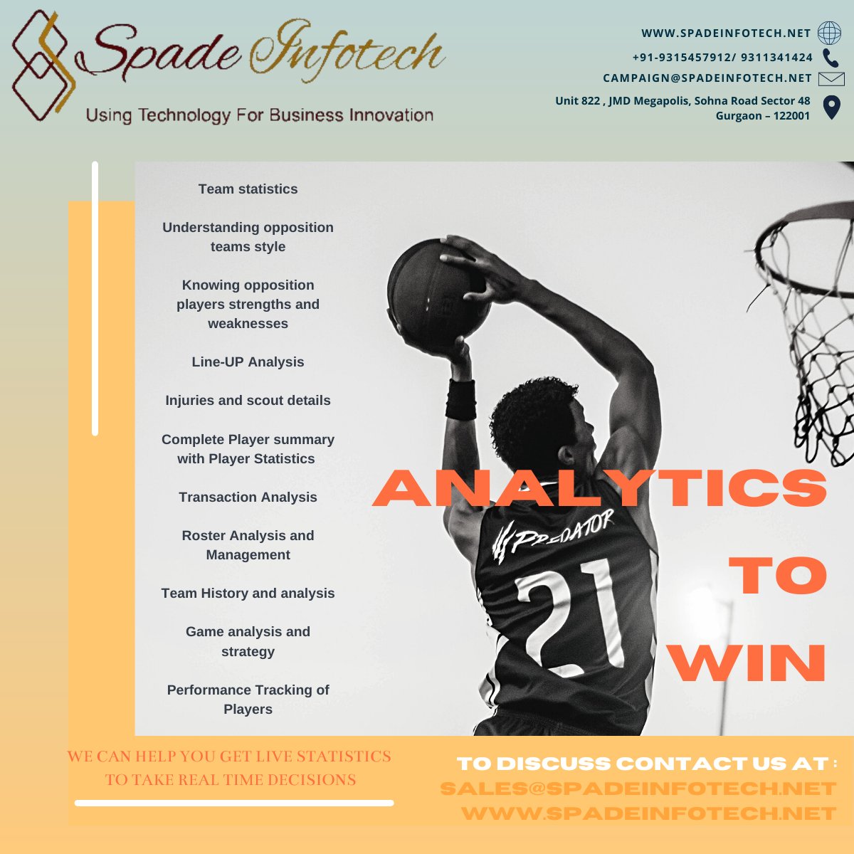 Connect with Spade Infotech to see Analytics in Action. Use Sports Analytics to be the Champions. Evaluate all aspects of the game to create holistic metrics for players and teams for a winning strategy. We can help you get live game statistics. #analytics #sportsanalytics