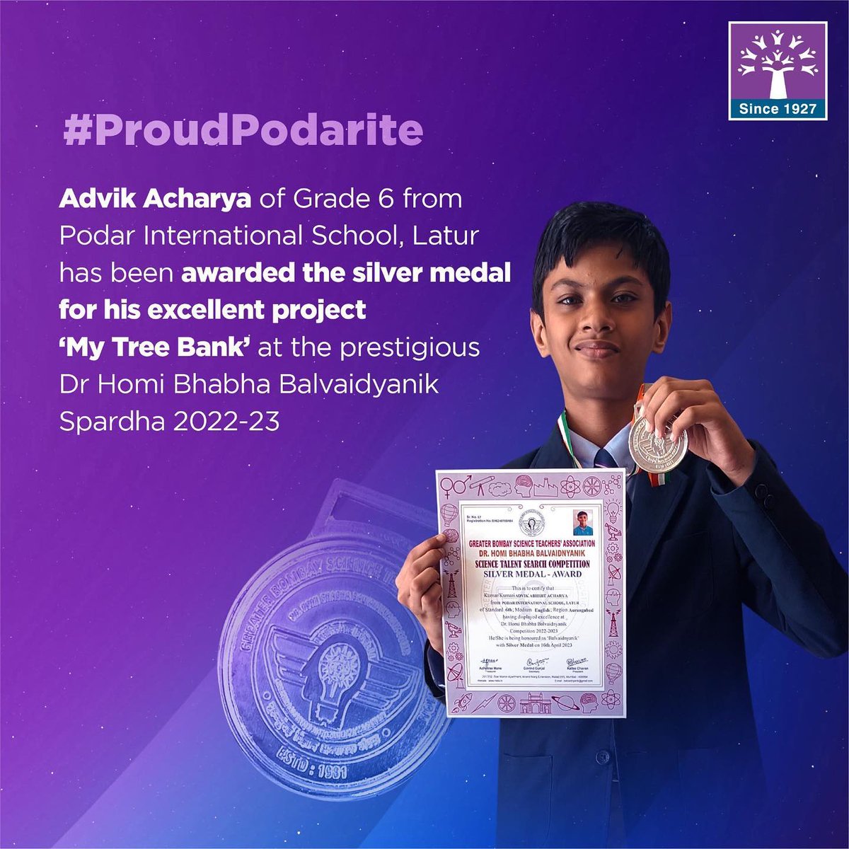 Congratulations Advik Acharya from Podar International School Latur for winning the silver medal in Dr. Homi Bhabha Balvaidyanik Spardha 2022-23. 
Your 'My Tree Bank' project is a remarkable example of scientific innovation and environmental preservation. 

#ProudPodarite #PODAR