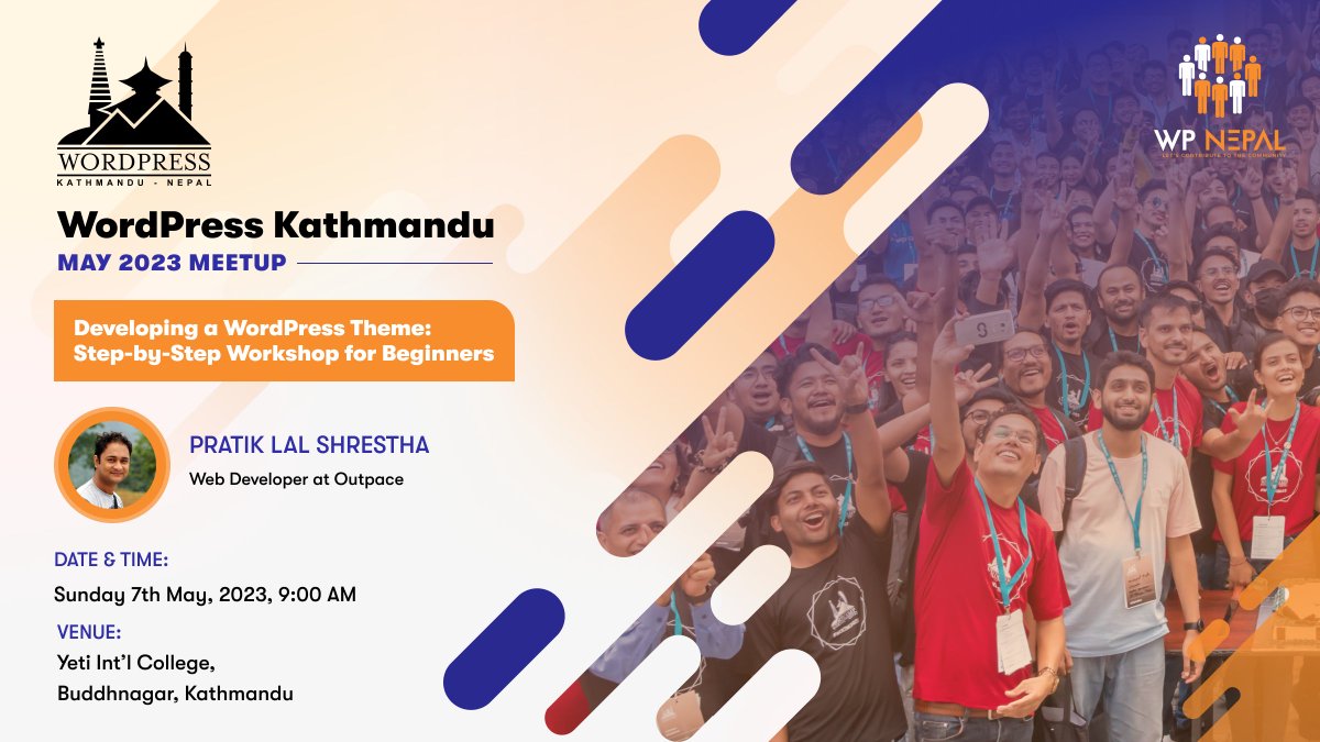 wpnepal's tweet photo. Join us for the WordPress Kathmandu May 2023 Meetup. We'll explore WordPress Theme Development and guide you through the process of building a WordPress theme from scratch.
RSVP now to secure your spot!
#meetup #WCKTM #WordPress #themedevelopment #wpnepal
https://t.co/o6DncobGDt https://t.co/1KEi0CpLAX