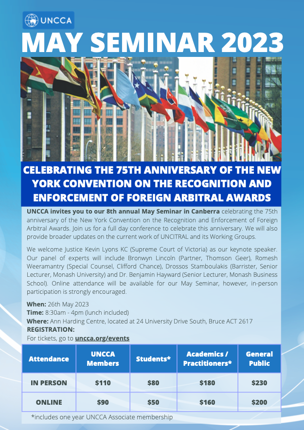 UNCITRALNCCA's tweet photo. WE'RE BACK with our annual May Seminar in Canberra celebrating the 75th Anniversary of the New York Convention on the Recognition and Enforcement of Foreign Arbitral Awards. Join us on 26 May 2023 to learn about UNCITRAL and its Working Groups. Register at https://t.co/zxfGesJKfU https://t.co/UDr4Gu73D6