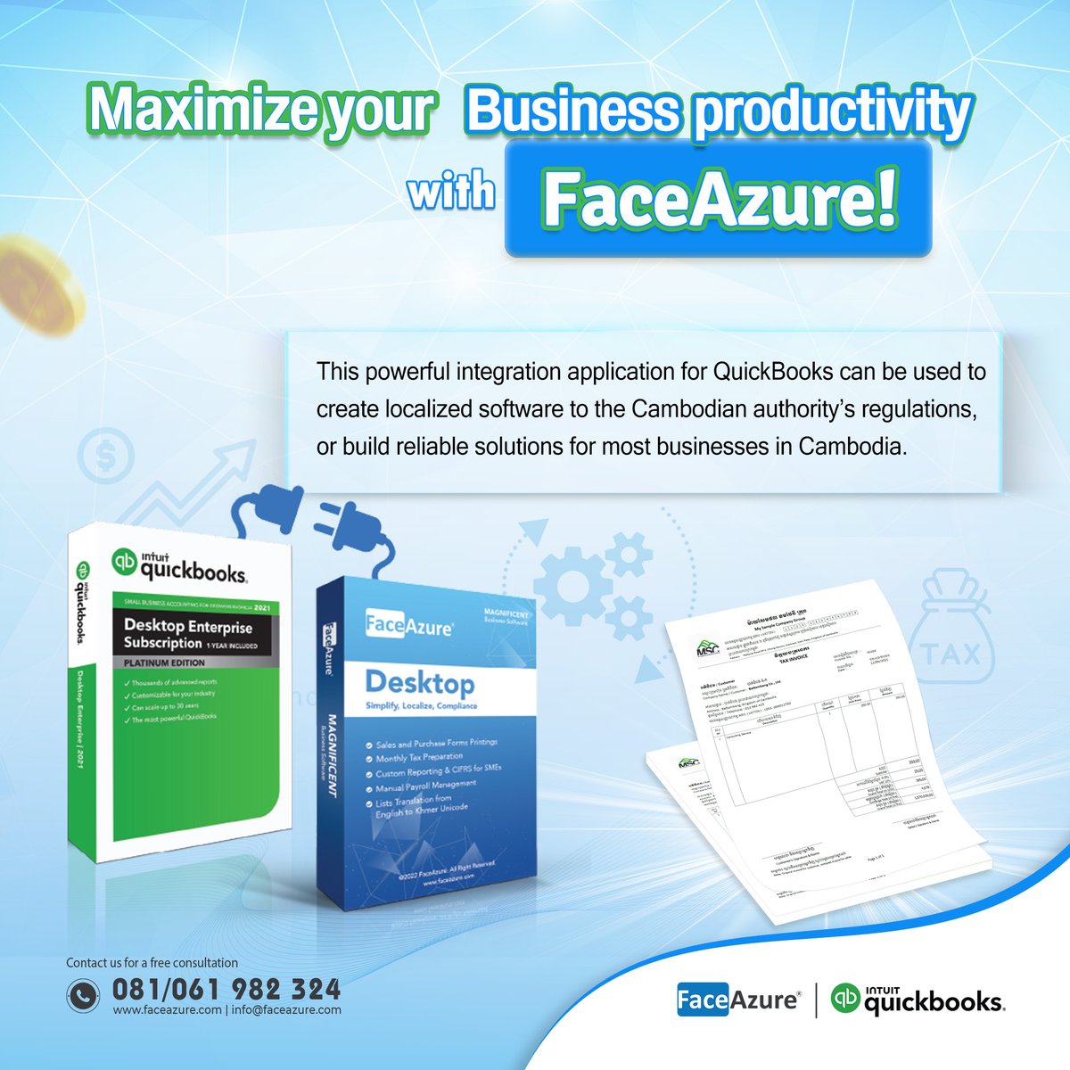 casbizasia's tweet image. With #FaceAzure, you can get rid of taxation delays. This powerful integration application for QuickBooks can be used to create localized software to the Cambodian authority’s regulations.

Benefits and powerful features: faceazure.com

 #QuickBooksaddon #CIFRS #EFiling