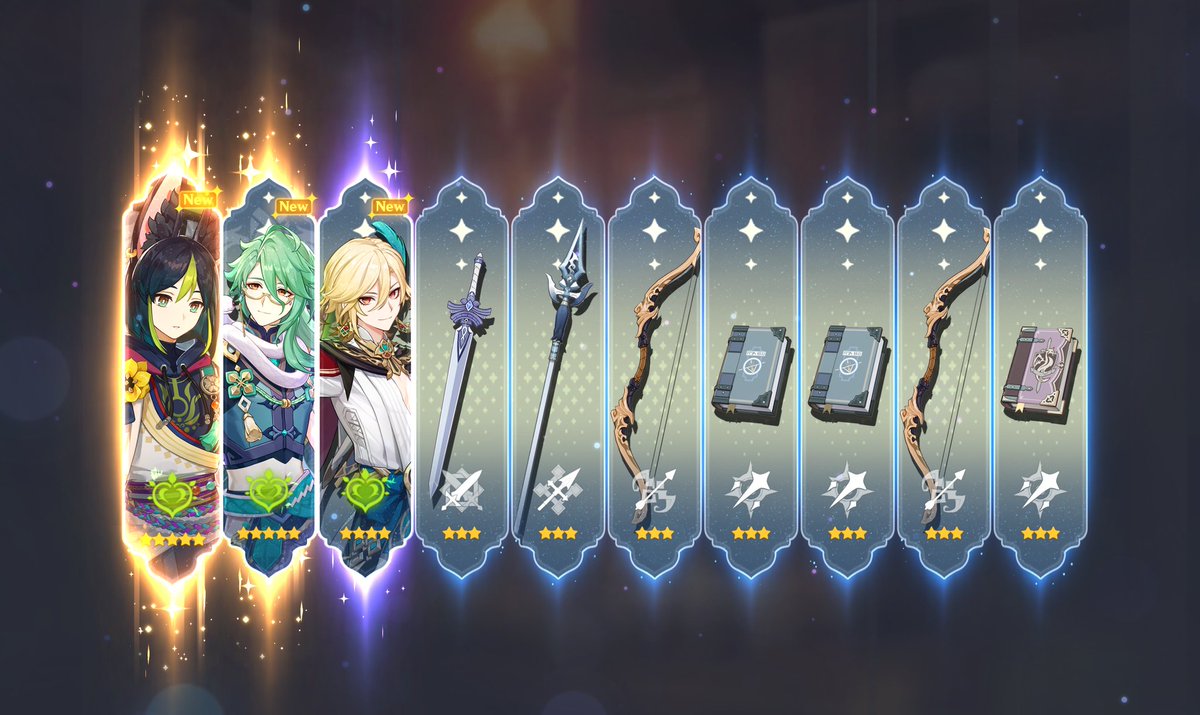 SafiiCat's tweet photo. Genshin really said "pls come back, we know you love star rail but pls" in this *FIRST* 10 PULL. Absolutely screamingggggg 😭😭😭 🌈 #Baizhu #Kaveh #Tighnari https://t.co/9ng2dsoysh