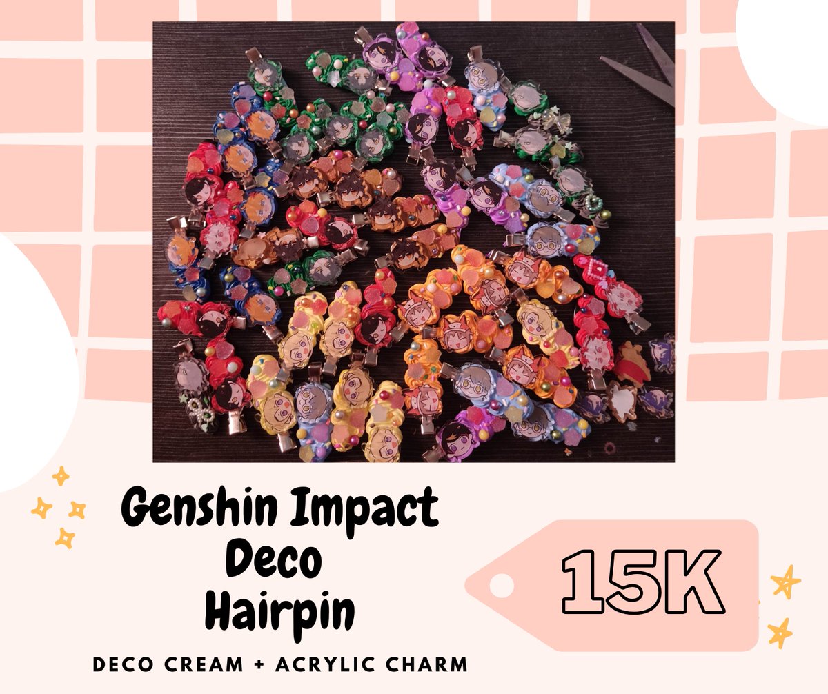 DimsumHalu's tweet photo. Yang suka pakai jepit boleh nih dicek jepit bertema Genshin Impact dari salah satu artist kami Kentang Mie~

Ready banyak karakter ya, harganya 15k aja loh!
Yuk booking langsung sebelum kehabisan via DM~ 

#comifuro16 #cf16 #comifuro16catalog #hairpin #jepitrambut #GenshinImpact https://t.co/F8IwkHLl92