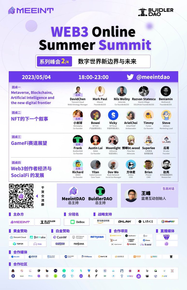 Web3 Online Summer Summit 

👉MeeintDAO x BuidlerDAO 联合发起4场大型线上峰会，横跨 Infra、Metaverse、DeFi 等重要赛道，邀请各投资人、协议到应用层项目方、生态开发者等生态角色代表，共创生态繁荣 

🙋‍♀️主办：<a href="/meeintdao/">Meeint DAO</a> <a href="/BuidlerDAO/">BuidlerDAO</a>

👉第二场Metaverse专题预约链接：x.com/i/spaces/1jMJg…