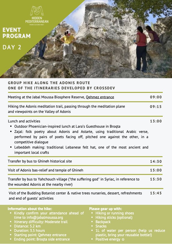 CROSSDEV FINAL EVENT 📌 in #Lebanon 
📅 17/18 May 2023
Organised by <a href="/CISPorg/">CISP</a> and <a href="/Jabal_Moussa/">Jabal Moussa Biosphere Reserve</a> 

All info 👇
enicbcmed.eu/discovering-hi…
@ENICBCMed <a href="/EUinLebanon/">EU in Lebanon</a> @eu_near <a href="/restart_med/">RESTART MED!</a> <a href="/IterVitis/">Iter Vitis Italia</a> <a href="/Olivetreeroutes/">Olivetreeroutes</a> 
#SustainableTourism #Hiking #ResponsibleTravels