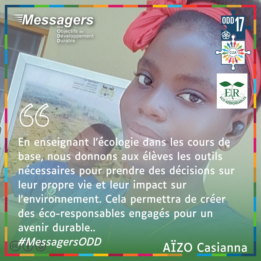#MessagersODD
Une fois de plus,  <a href="/Anna_Mellia/">AÏZO Casianna</a> de <a href="/Lecoresponsabl1/">Eco-Responsables🇧🇯</a> revient sur l'importance de  l'enseignement  #écologique dès la base.

Ensemble pour un avenir durable 💚

<a href="/AYO_OFFICIEL/">African Youth Organization</a> <a href="/Citoyens2Anneau/">Citoyens de l’Anneau #ODD - @c2a@piaille.fr</a> <a href="/GreenpeaceAfrik/">Greenpeace Afrique</a> <a href="/npuclubs/">NPU Club Bénin - F4F</a> <a href="/oddtvlive/">ODD TV</a> <a href="/AfrikaOng/">ONG Mama Afrika (ONG MA)</a> <a href="/PNUDBenin/">PNUD Bénin</a> <a href="/gouvbenin/">Gouvernement du Bénin 🇧🇯</a>