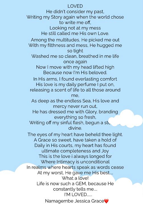 ugpoets's tweet photo. Start off the day with this one! 

Poem title "Loved"
By @JessieG69598305, a member of @christian_poets Uganda.

#Poetry #RedefiningPoetry #WeAreThePAU #Uganda #ChristianPoetry @TheeBlessedChic @ChristianInflUg https://t.co/dWBDQcbXPN