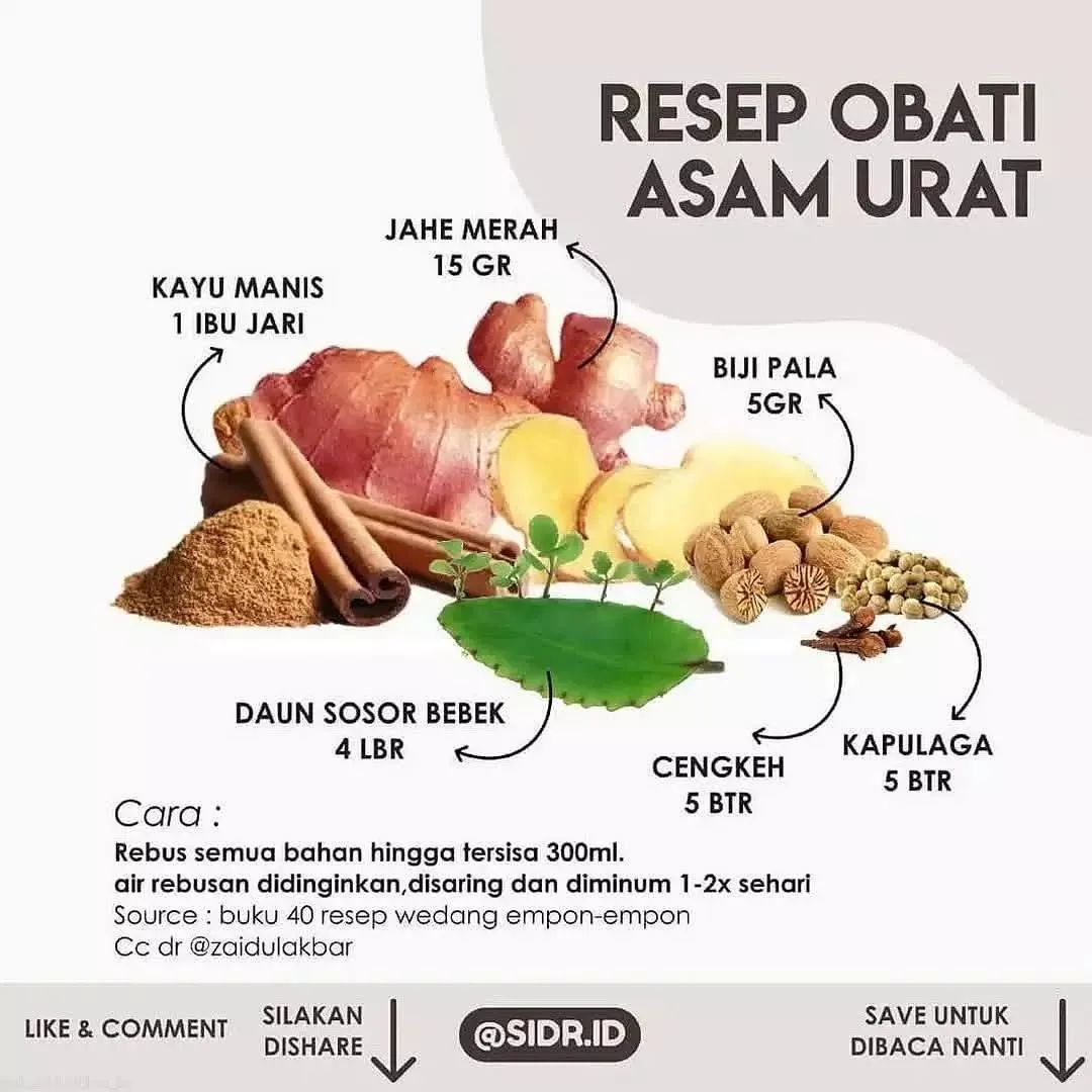 resep_JSR's tweet photo. Resep Asam Urat

Bahan :
1 Batang ukuran ibu jari kayu manis
15 gram jahe merah
5 gram biji pala
5 butir kapulaga
5 butir cengkeh
4 lembar daun cocor bebek
600ml air

Cara :
Rebus semua bahan hingga tersisa 300ml, air rebusan didinginkan, disaring dan diminum 1-2x sehari https://t.co/G21uziP3uZ