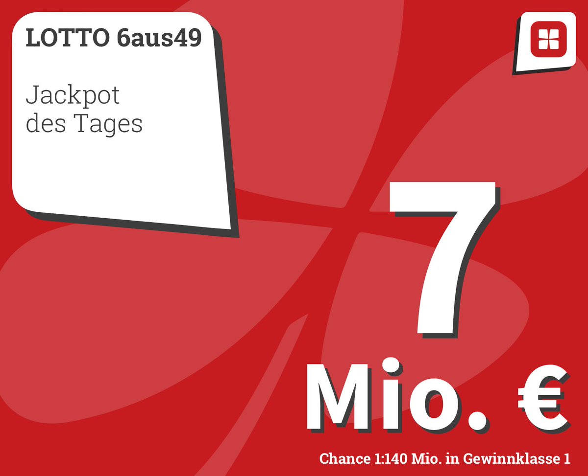 CleverLotto's tweet photo. 7 Mio. € gibt es heute bei #LOTTO 6aus49 zu gewinnen! Spielt ihr schon mit? (Chance 1:140 Mio. in Gewinnklasse 1, ab 18 J.) https://t.co/LdWmwUaV4a