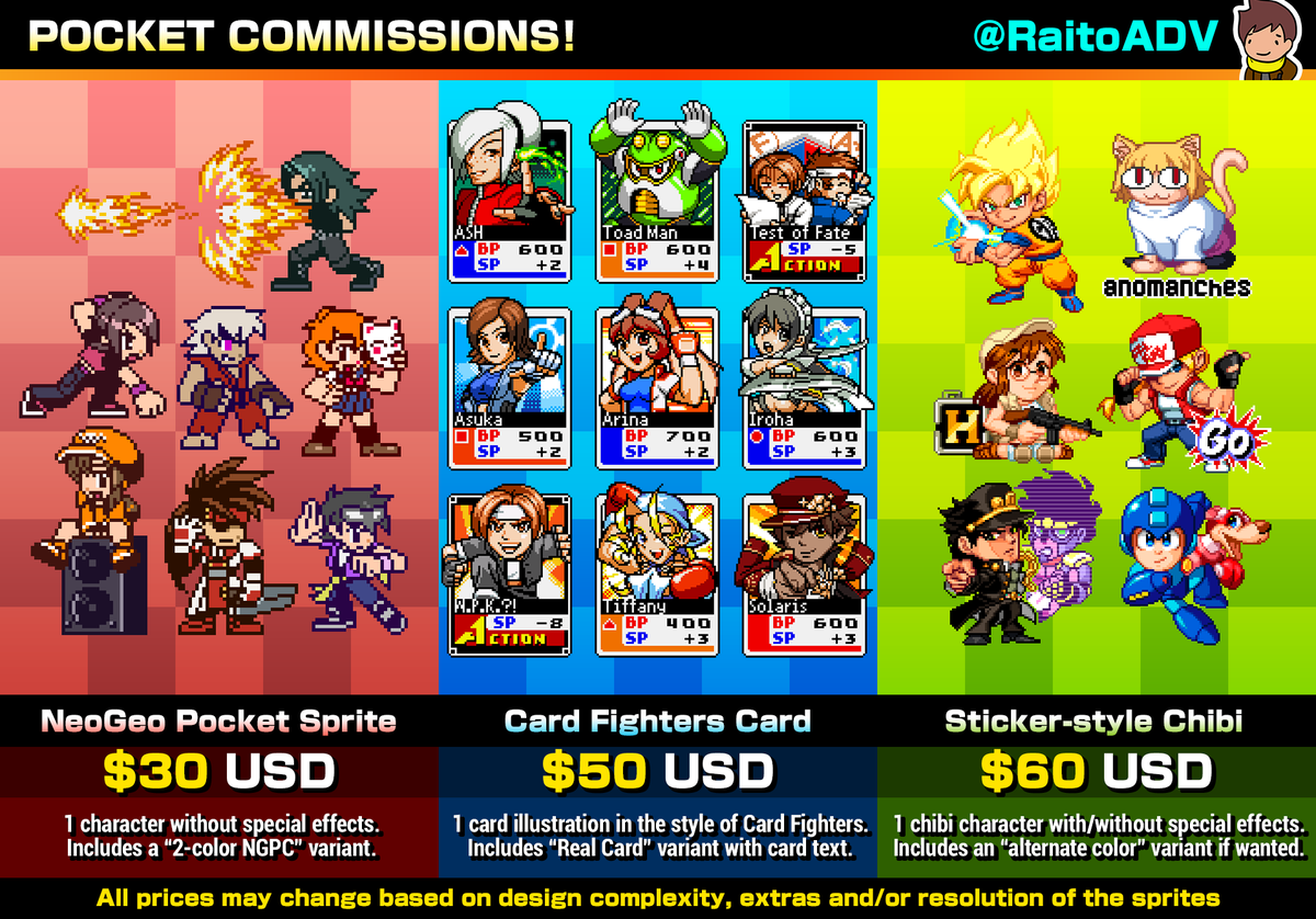 RaitoADV's tweet photo. Opening small commissions cause I need money to pay something .w.

I can also do other stuff like stream overlays, logos and emotes. Please ask on my DMs for more details.

RTs 🔁 are appreciated! Thank you ✨

#PixelArt #SNK #Capcom https://t.co/J9kSSads7J