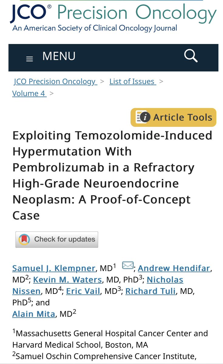 Shoutout to @DrHendifar @KlempnerSam among 1st cases of an acquired TMZ-induced, truncating MSH6 mut resulting in high #TMB w/durable response to #PD-1 in high-grade #NEN @JCOPO_ASCO pubmed.ncbi.nlm.nih.gov/35050748/ @CSCancerCenter @TumorBoardTues