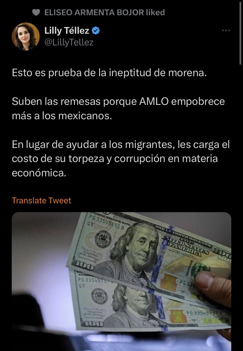IcE_MaNmX's tweet photo. Mi nunca estimada Lilly Téllez.

No puede usted estar mas equivocada. No voy a negar que existan personas que envian dinero a México por otros motivos. Pero, la gran mayoria:

Lo hacemos porque ahora vemos la facilidad de construir un patrimonio, y si no para nosotros mismos, si para nuestras familias en Mexico. Algo que nunca sentimos podiamos hacer antes. ¿Para que?

Antes la preocupacion principal de la mayoría de Mexicanos en USA era juntar dinero para mandar llevar a sus familiares. Eso es mucho dinero, según fuentes extraoficiales el cruce de una persona sin documentos de Mexico a USA Ronda los 8 mil dólares.

Por otro lado, ahora muchos paisanos tiene la intención de regresar a México, y estan aprovechando para enviar, construir y hasta invertir en bienes, inmuebles y negocios en Mexico, yo soy una de esas personas.

Y así como yo miles, tal vez millones, así que, deje de hablar de inventar cuentos, y lo que debería es ponerse a trabajar como tanto paisano  lo hace acá en EEUU, que si ud estuviera acá e hiciera eso que hace en su trabajo como legisladora, ya la hubieran corrido de todos los trabajos.