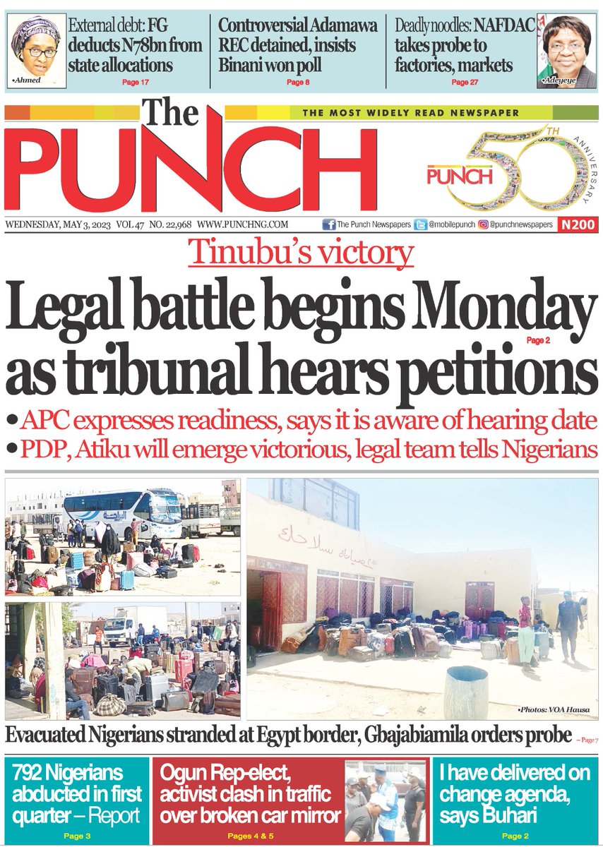 MobilePunch's tweet photo. May 3 - HEADLINES https://t.co/kPXALjImeL