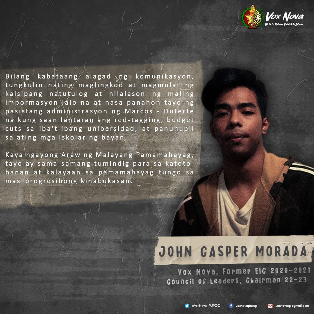 VoxNova_PUPQC's tweet photo. Bilang pagdiriwang sa ๐๐ฟ๐ฎ๐ ๐ป๐ด ๐ ๐ฎ๐น๐ฎ๐๐ฎ๐ป๐ด ๐ฃ๐ฎ๐บ๐ฎ๐บ๐ฎ๐ต๐ฎ๐๐ฎ๐ด, narito ang mensahe ng mga lider studyanteng mamahayag ng Vox nova.
See more: https://t.co/5xKgJEWIjv
#WorldPressFreedomDay
#WriteToReformPublishToInform https://t.co/DZ3eF4pyGT