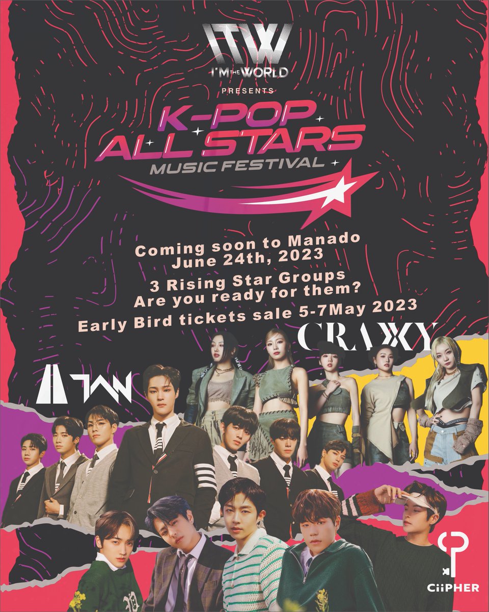 ImTheWorld_Ent's tweet image. Brace yourselves for a night of non-stop excitement and energy as we bring together three of Kpop's most promising rising star groups for one unforgettable concert in Manado!
Together with @CRAXY_OFFICIALS &amp;amp; @tan__official_ 
Coming to Manado, Indonesia!
@RAIN_Ciipher