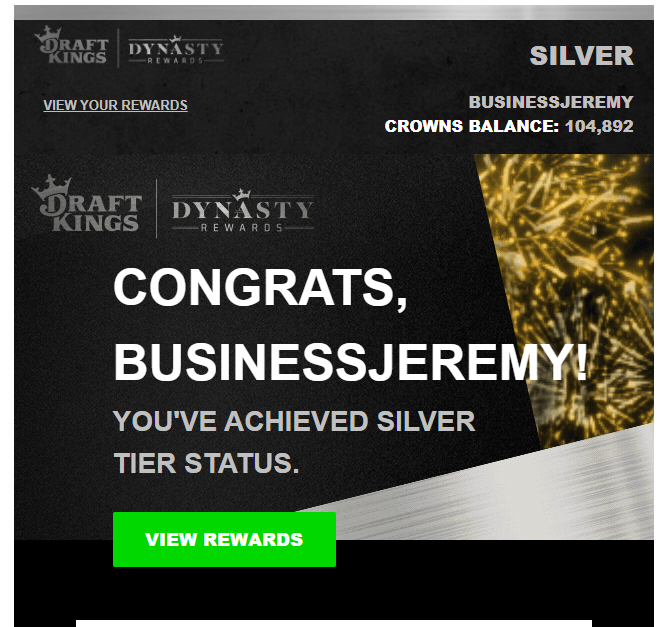 ChristXCombat's tweet photo. I leveled up on @Draftkings today. I hit my first tier increase and joined the #SilverTeam.
I'm making it my goal to get to GOLD before the end of the year.
The thing I'm most excited about being Silver is getting to open a chest of crowns each week! https://t.co/jwCbAcWcKN