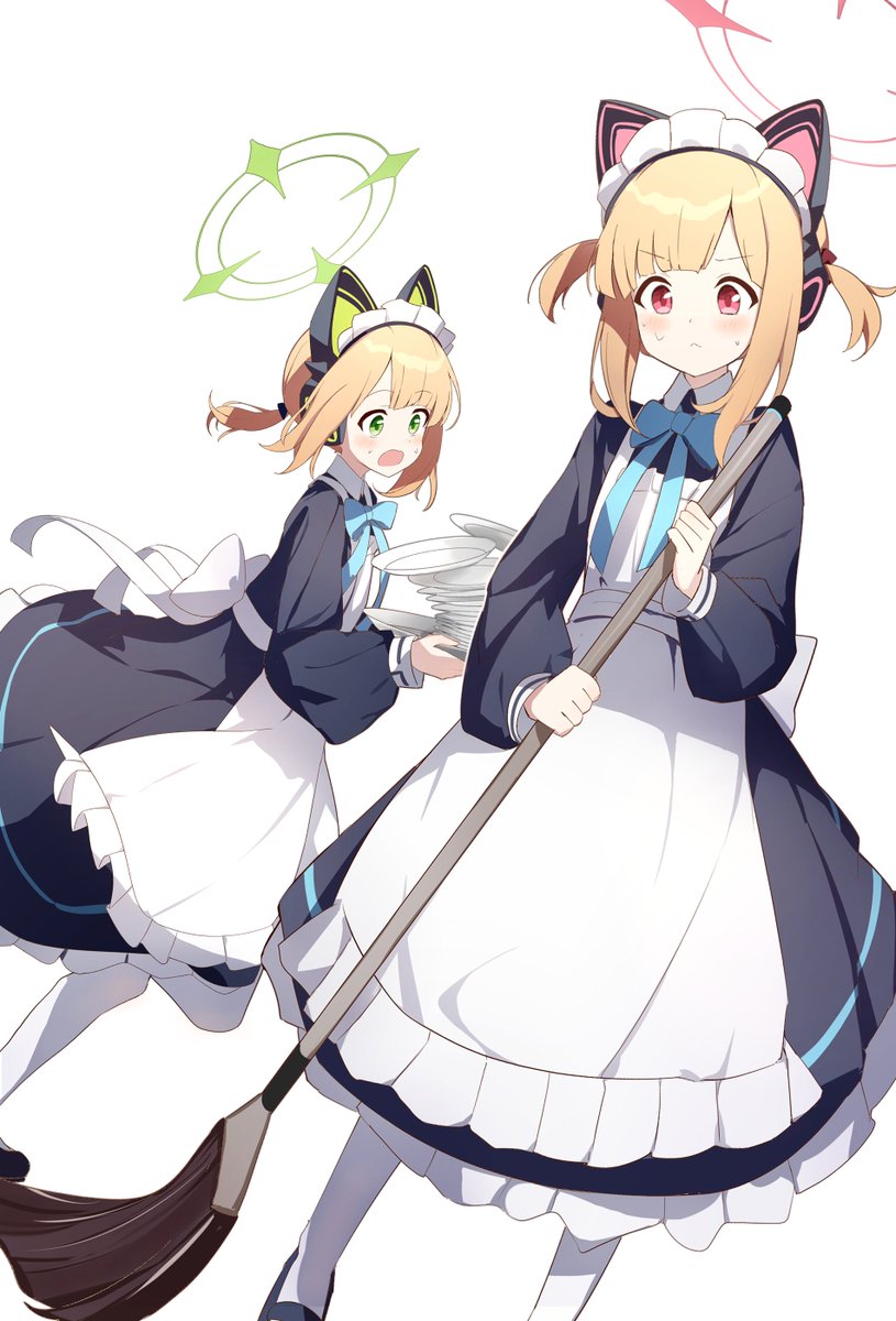 midori (blue archive) ,momoi (blue archive) multiple girls 2girls halo animal ear headphones animal ears blonde hair maid  illustration images