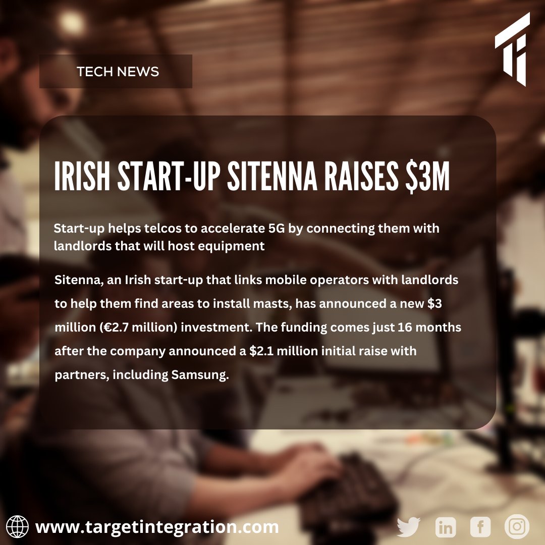 TargetInt's tweet image. 🚀Exciting news! Irish start-up Sitenna secures $3M investment to revolutionise mobile connectivity. They connect mobile operators with landlords to identify prime locations for masts, shaping the future of wireless tech. #Sitenna #IrishTech #WirelessRevolution 🚀🌐📲💻