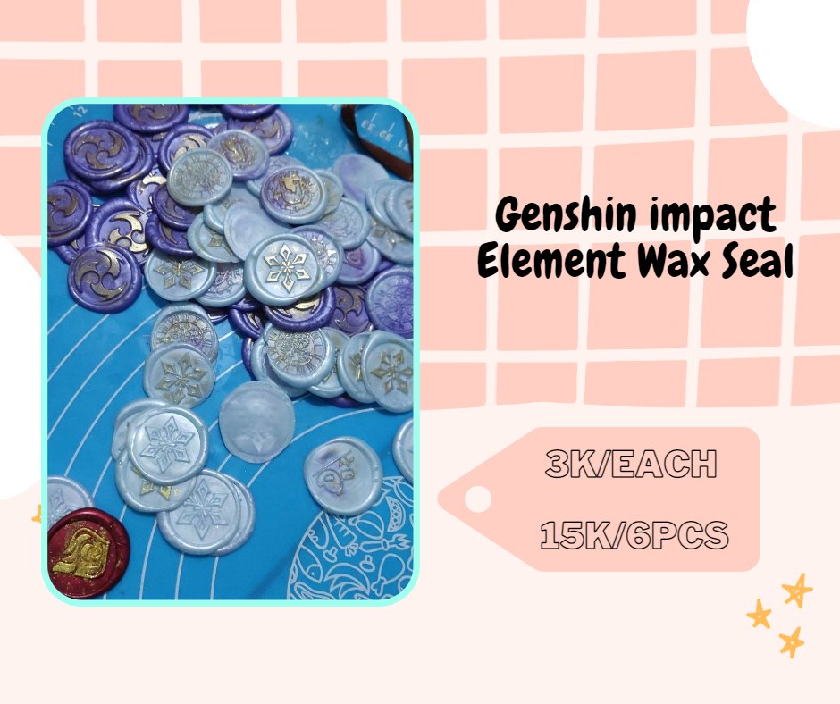 DimsumHalu's tweet photo. Suka berkirim surat atau paket atau mungkin bikin journal estetik? Ada wax seal bertemakan vision Genshin Impact nih. Kamu vision apa nih? 

yuk buruan dibooking via DM. Stock terbatas ya kak~
#comifuro16 #comifuro16catalog #GenshinImpact #waxseal #paripico #cf16 https://t.co/V5S97XVQO6