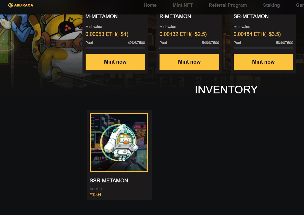 #ArbRaca được #Arbitrumdaily tweet lại và có kols lớn shill r, ae vào múc 1 nft xổ số đc nhé
60% token ARBRACA sẽ #airdrop cho holder nft 
Liệu có mùa hè Raca nữa ko ae =))
👉Mint nft ở đây nhé:
arbraca.ai/nft/?referral=…
Mình múc 5 ví , mỗi ví 1 nft 5$ xổ số r 😅