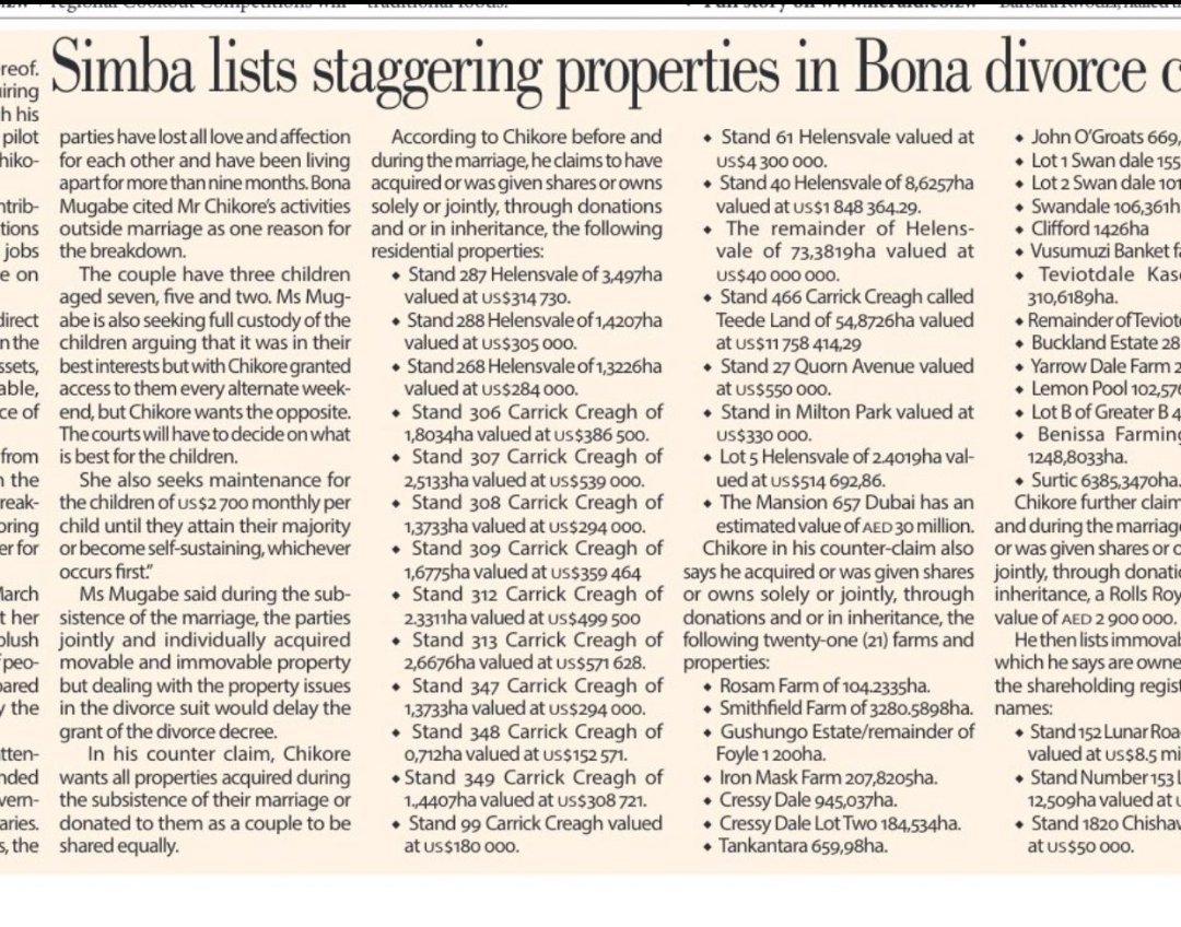If Bona Mugabe who never worked anywhere owns half of Zimbabwe Guys Ka our  country is Gone those are the list of properties they own with Simba, How about Grace and then the new Leaders mmm guys hatina kwatiri kuenda!