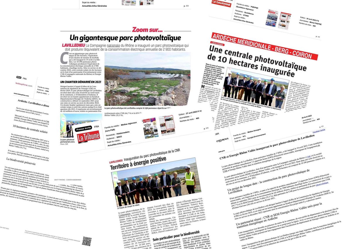 〔ON PARLE DE NOUS〕
La Presse locale revient sur l'inauguration du parc #photovoltaïque réalisé par <a href="/CNR_Officiel/">CNR</a> et <a href="/RhoneVallee/">EnergieRhôneVallée</a> de #lavilledieu La Tribune <a href="/LeDL26et07/">Le Dauphiné Libéré Drôme et Ardèche</a> <a href="/HebdoArdeche/">HebdoArdeche</a> 
#EnergyNews <a href="/HCoulmont/">HERVE COULMONT</a> <a href="/pcoudene/">Coudene</a> <a href="/07Sde07/">SDE 07</a>