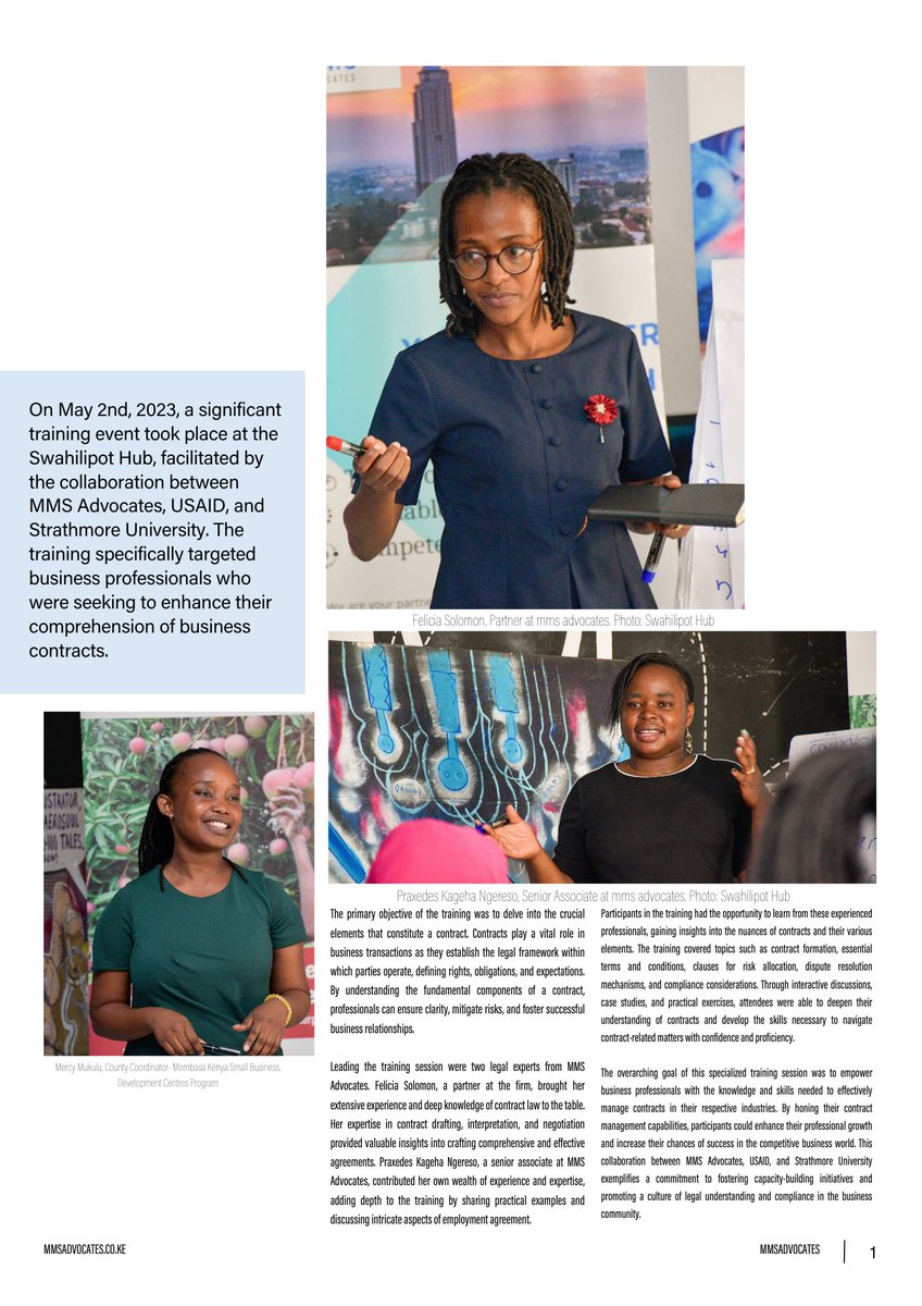 On May 2nd, 2023, a significant training on business contracts took place at Swahilipot Hub, facilitated by the collaboration between MMS Advocates, USAID, and Strathmore University. 
#mmsadvocates
