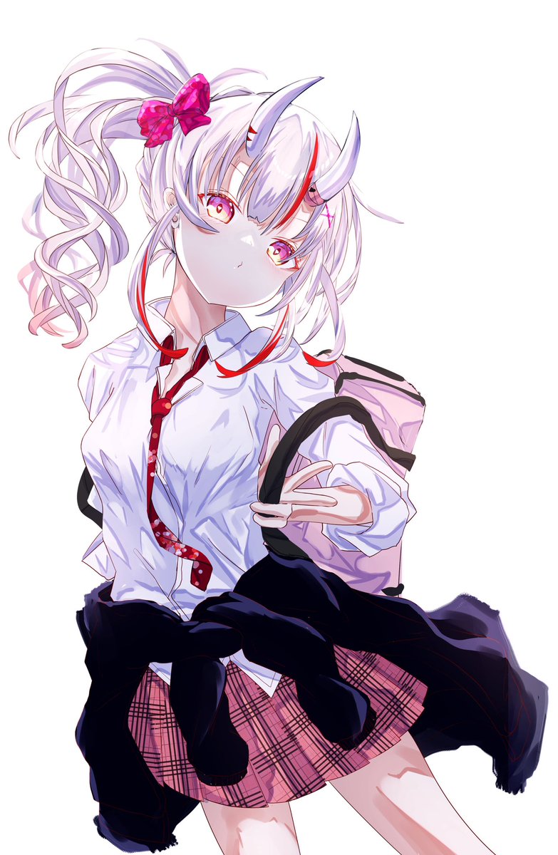 nakiri ayame 1girl skirt necktie solo horns streaked hair shirt  illustration images