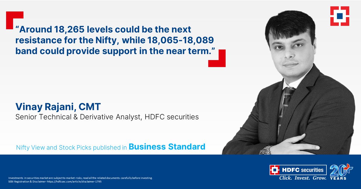 hdfcsec's tweet photo. One must be watchful of the low of the Nifty for the day (18,102) being protected, failing which a correction may ensue. - Vinay Rajani
Read more - https://t.co/2AmprM9V1p
#IndianStockMarket #MarketUpdate #HSLResearch #Stocks https://t.co/CWQ8PThLr4