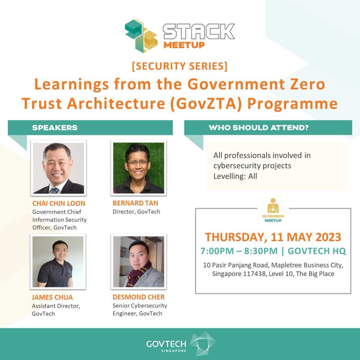 GovTechSG's tweet photo. Keen to learn about the Government #ZeroTrust Architecture Programme?
Join our upcoming #STACKMeetup on 11 May to hear from our #cybersecurity specialist on Zero Trust implementation within the Government.
Sign up now at https://t.co/DpnO51El5C. https://t.co/t4MeTozhna