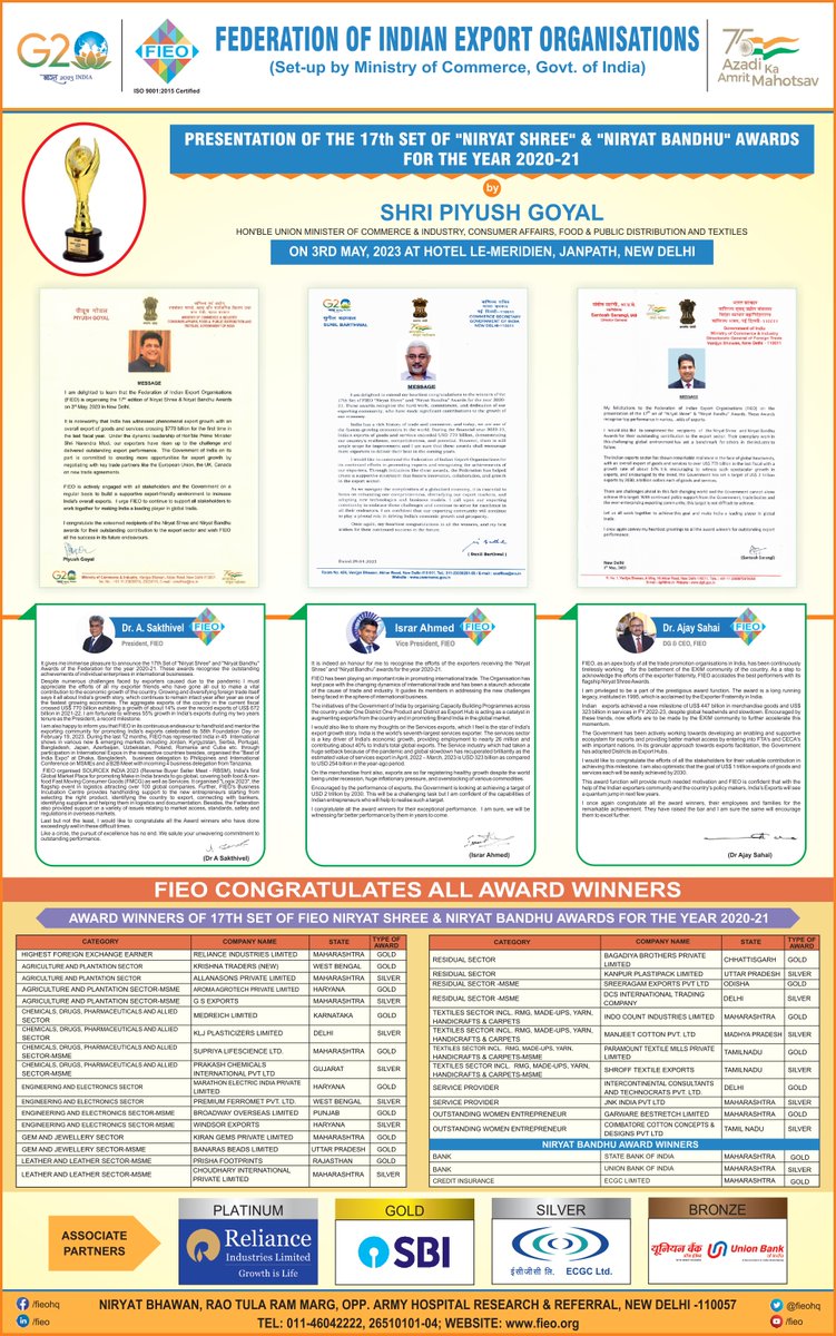 FieoHq's tweet photo. FIEO is organising the 17th Set of Niryat Shree &amp; Niryat Bandhu Awards Function in New Delhi on May 3, 2023. Shri @PiyushGoyal, Hon'ble Minister of Commerce &amp; Industry, Textiles and Consumer Affairs, Food &amp; Public Distribution will present the awards to outstanding performers. https://t.co/uMwVzkjbrX