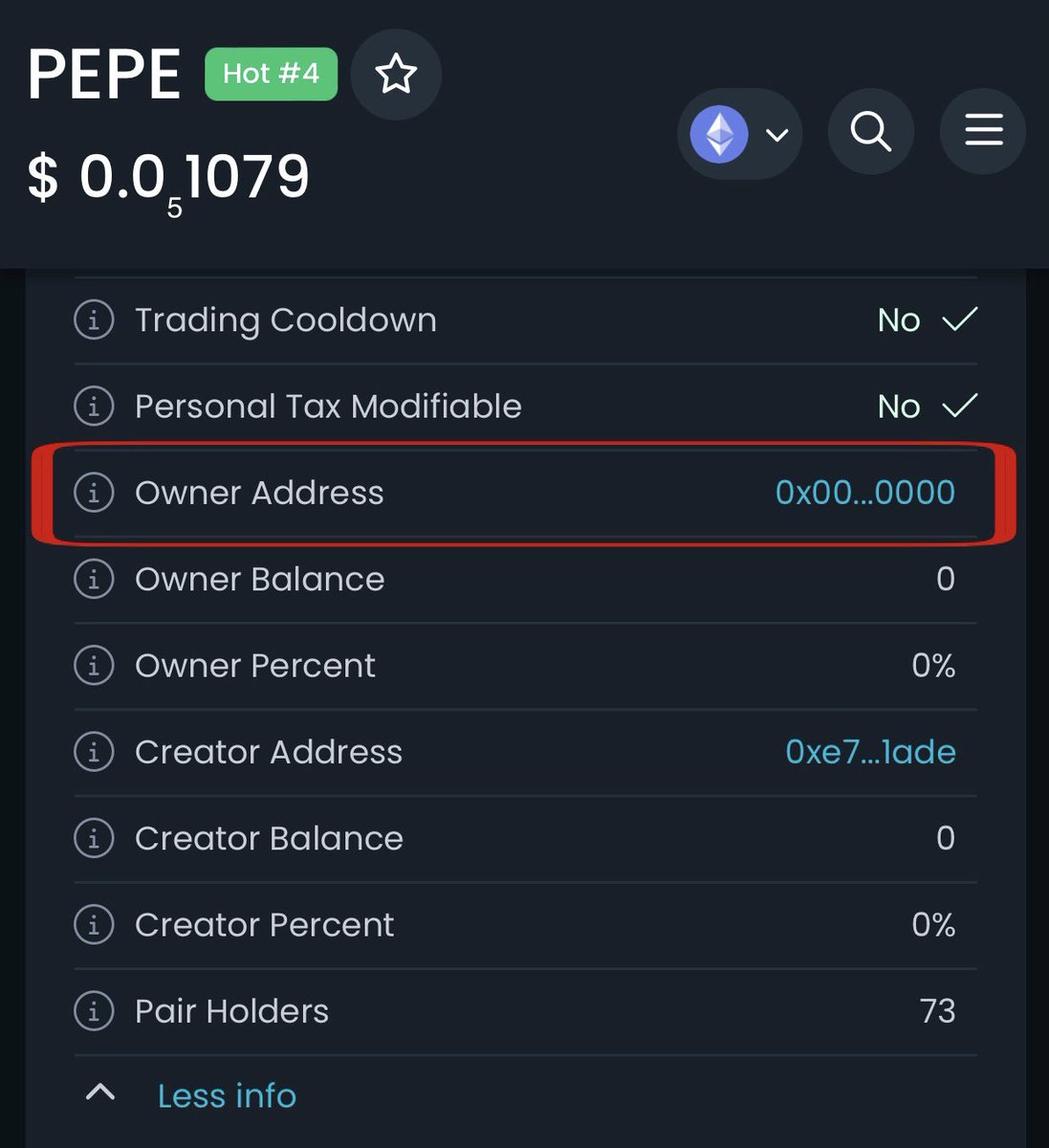 Thing you need to know before all in and hold a big bags into shitcoin, make sure 👇🏼

Contract Renounced* ( like $pepe )

Owner address = 0x0000000000000000000

Means that it is dead address and no one even contract owner can manipulate the contract. 

Stay safe and happy