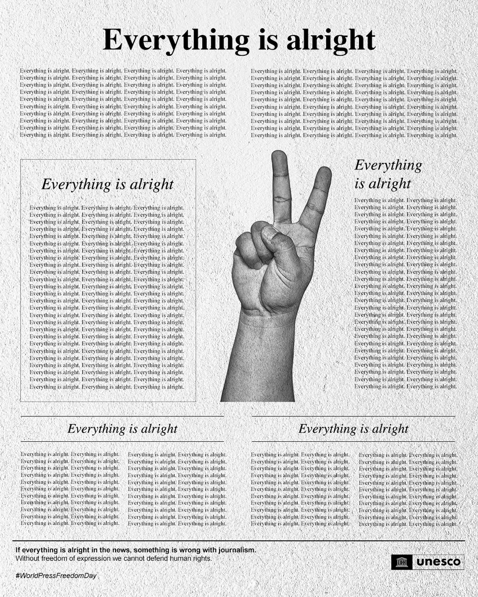 If everything is alright in the news, something must be wrong with journalism.

Without press freedom, there are no #HumanRights. Freedom of speech underpins the protection of all other rights.

On #WorldPressFreedomDay &amp; every day, join <a href="/UNESCO/">UNESCO 🏛️ #Education #Sciences #Culture 🇺🇳</a>’s call to defend #PressFreedom!