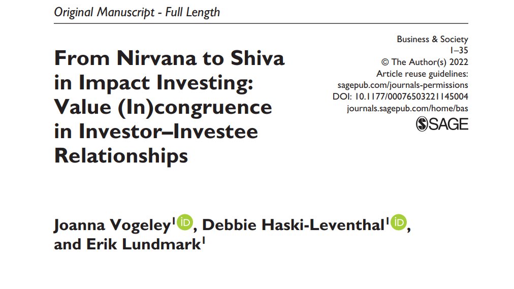 ONLINE FIRST! Read new work by <a href="/asiavog/">Joanna Vogeley</a>, Debbie Haski-Leventhal &amp; Erik Lundmark (<a href="/Macquarie_Uni/">Macquarie University</a>) conceptualizing impact #investing as a #value-based activity whereby value (in)congruence shapes relationships between investors and investees. doi.org/10.1177/000765…